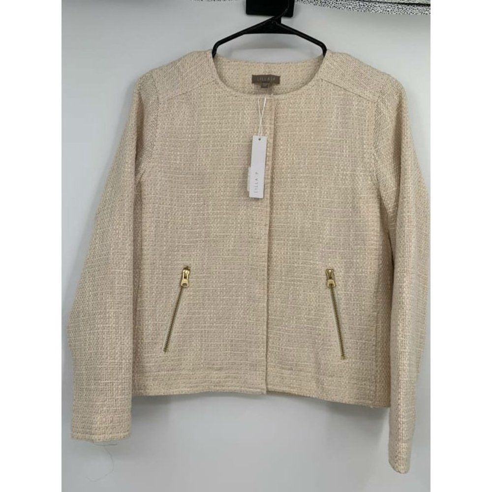 New Anthropologie Lilla P Women Tweed Long Sleeve Jacket Ivory - Picture 4 of 10